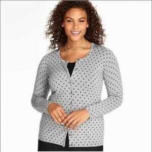 Talbots 100% Merino Wool Polka Dot Gray Crewneck Cardigan Sweater, XL